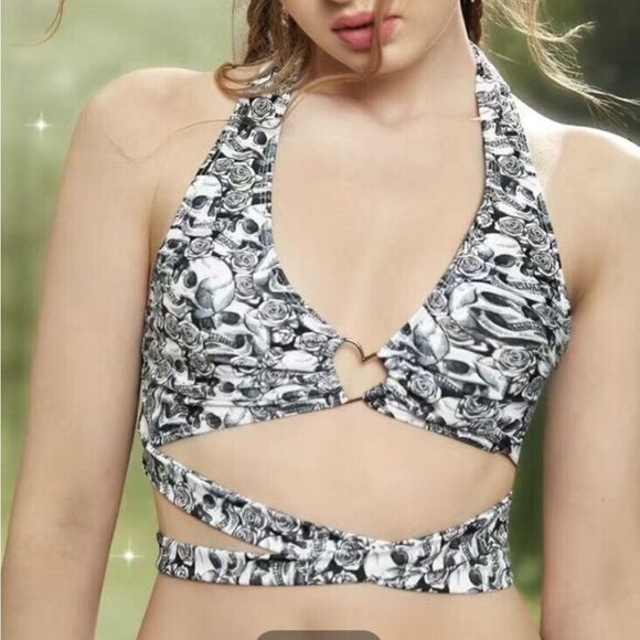 Skulls Roses Print Halter Heart Linked Bikini Triangle Bikini Top White Black - Picture 1 of 14